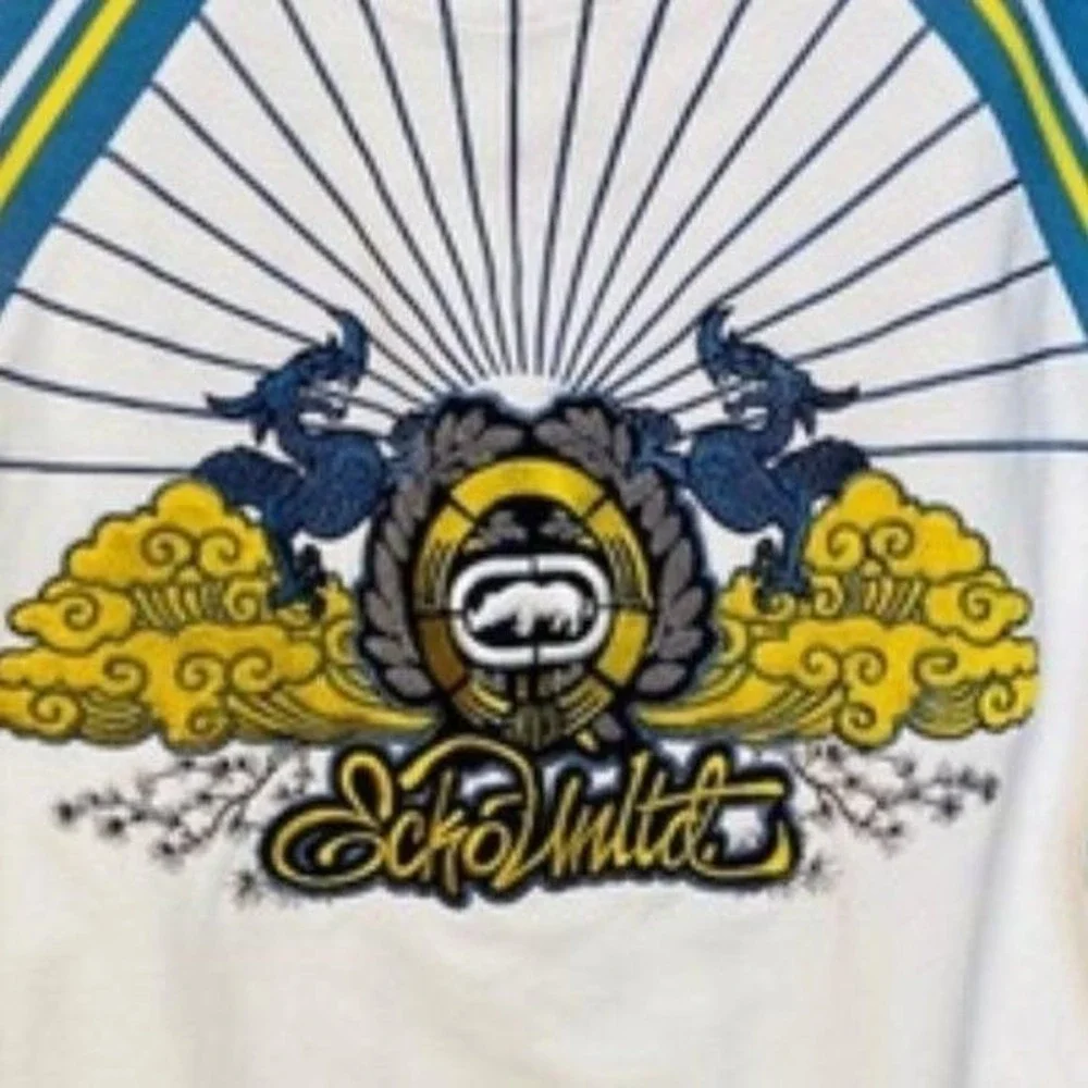 Ecko Unltd rhino big logo blue dragons gold tone logo charm varsity jacket XL‎